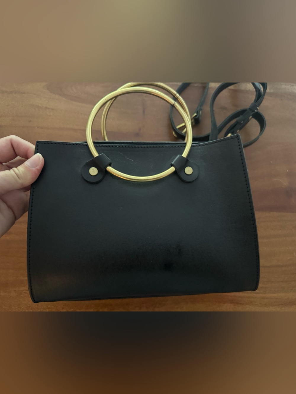 Sleek Black Tote with Gold Ring Handles - Women's Bag